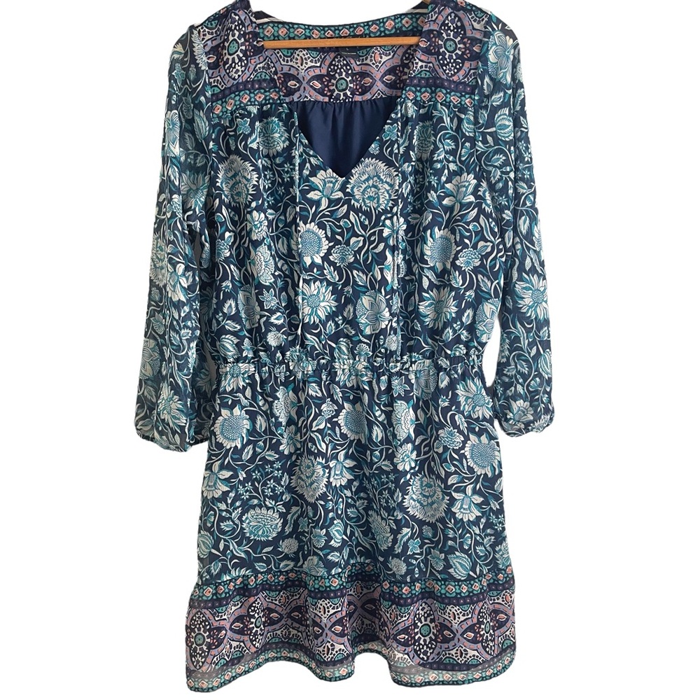 Lucky Brand Blue and White Floral Long Sleeve Boho Style Dress Size Large